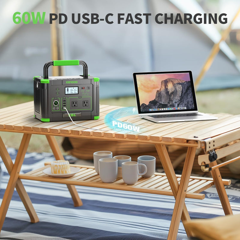 EBL 1000W Portable Power Station With 200W Solar Panels for RV/Van Camping | 999Wh Backup Lithium Battery, Pure Sine Wave AC Outlet, 60W PD Quick Charge Solar Generator Set Road Trip, Home, Off-grid