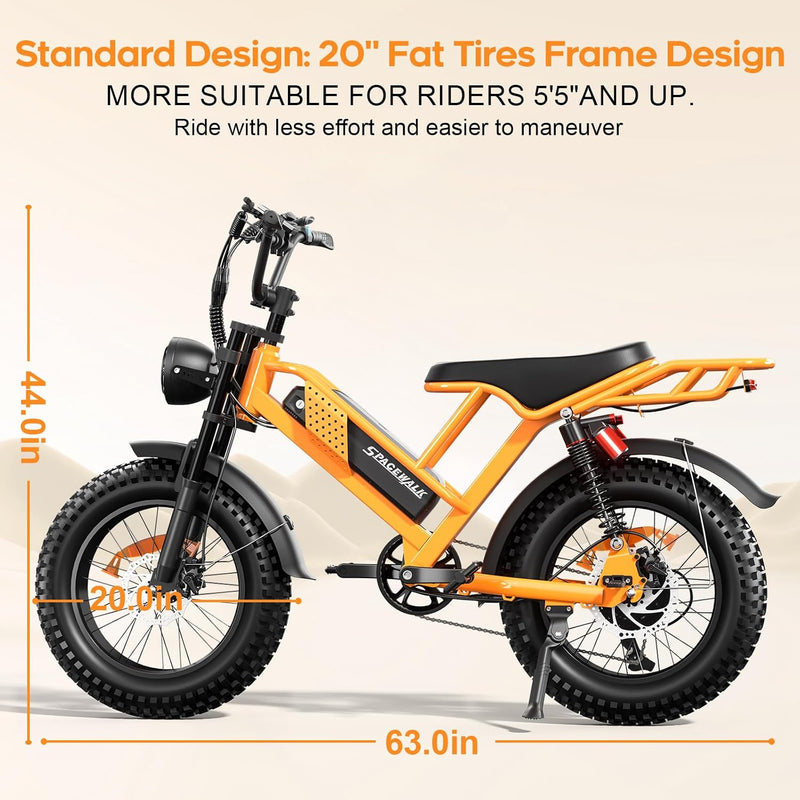 Spacewalk Electric Bike M6 / M7 for Teens/Adults,16" / 20" Ebike,1500W Peak Motor,21.7mph / 27.9mph,48V 15Ah Removable Battery,4X Suspension,50 Miles Pure Electric,70 Miles PAS (20''Orange-Bag)
