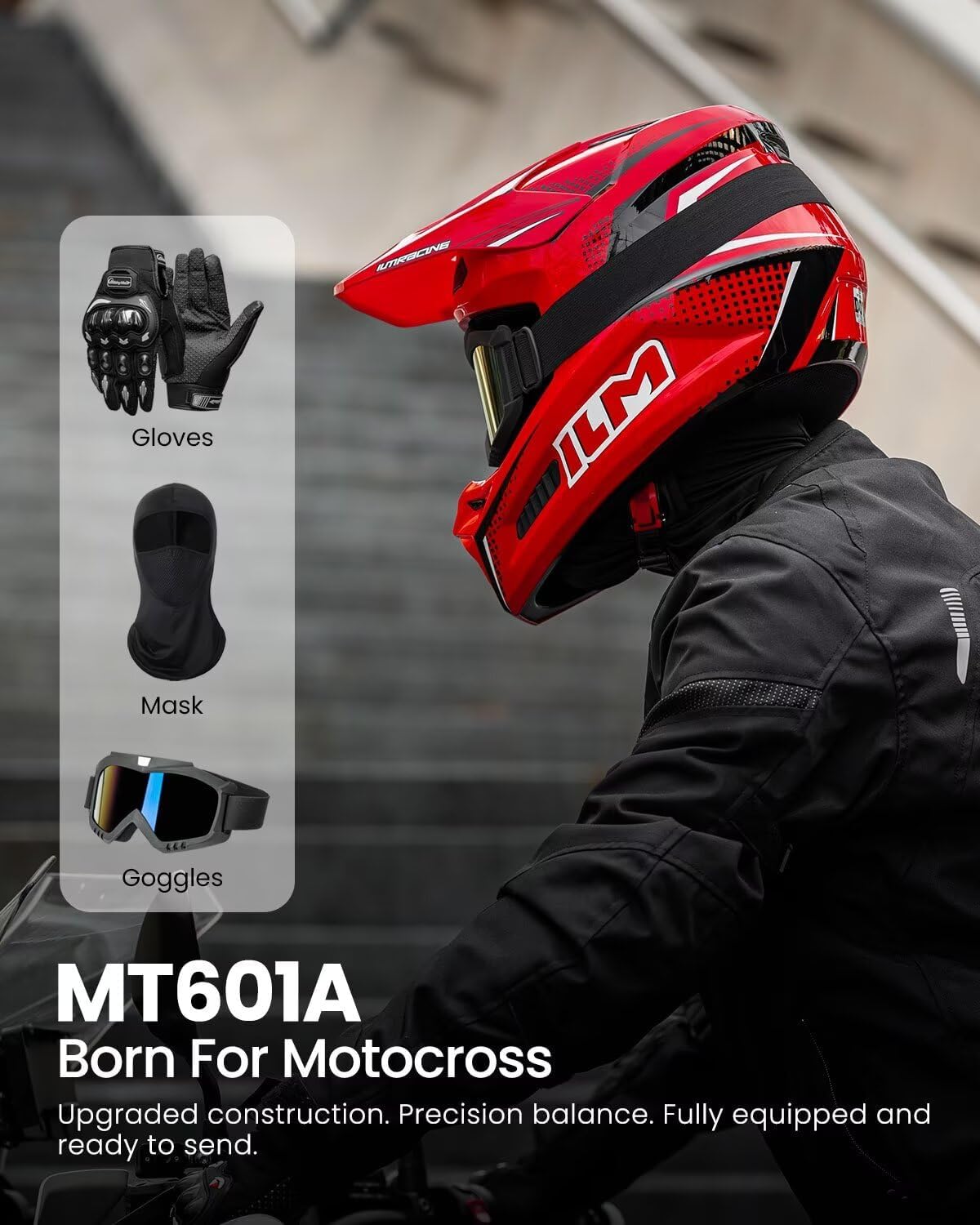 ILM Dirt Bike Helmets Adult ATV Motocross Off Road Motorbike with Goggles Gloves Mask DOT Model MT601A