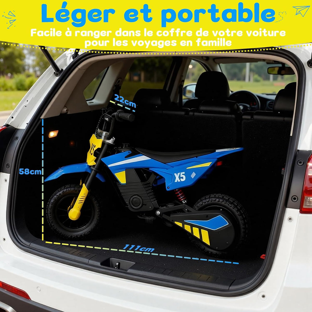 TODIMART Y5 Children's Electric Motorcycle, 300 W Motor, 3 Speed Modes, 36V5.2AH Autonomy 15 KM Pneumatic Tyre, Bluetooth Music, Colourful Lights, Moto Cross for Children from 3 to 12 Years Old