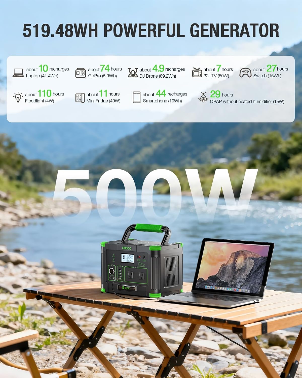 EBL 500W Portable Power Station with 100W Portable Solar Panel 20V Outdoor | Solar Generator 519.48Wh Backup Battery Pack Solar Kit for RV/Van Camping Fishing Climbing Road Trip Indoor Home Emergency