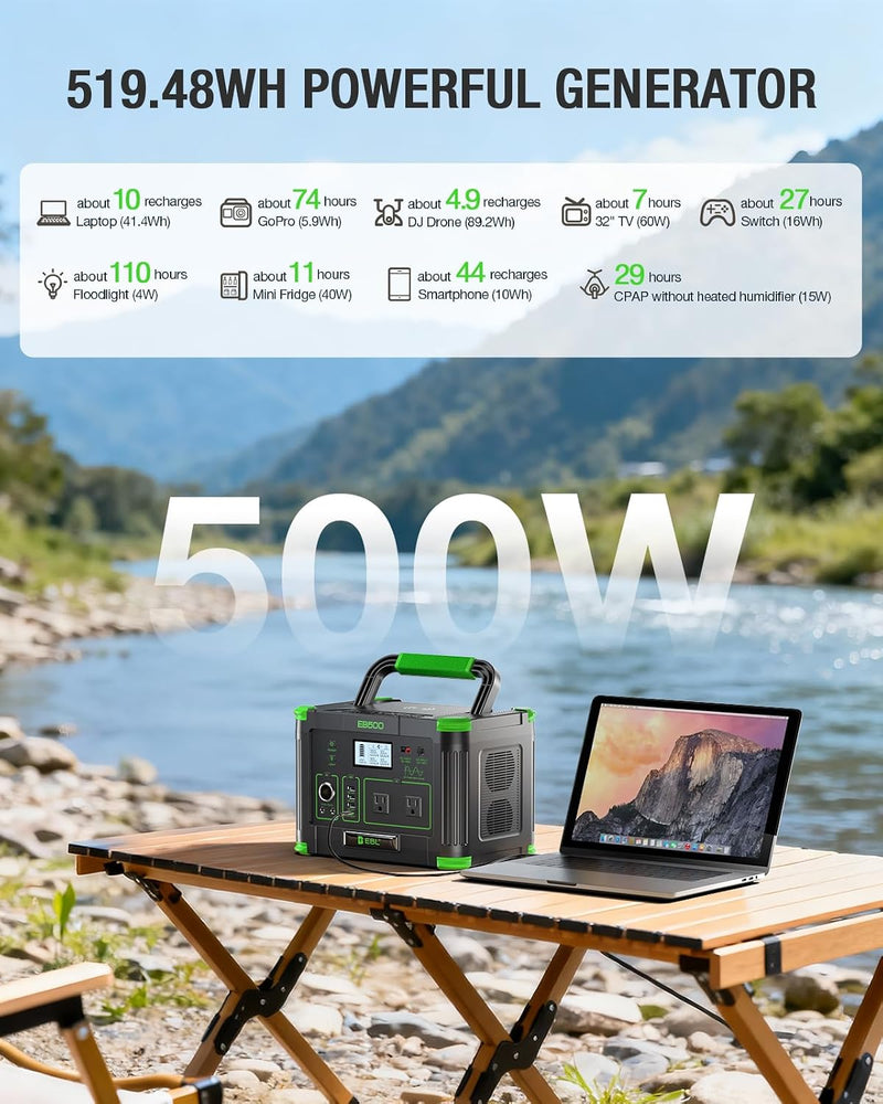 EBL 500W Portable Power Station with 100W Portable Solar Panel 20V Outdoor | Solar Generator 519.48Wh Backup Battery Pack Solar Kit for RV/Van Camping Fishing Climbing Road Trip Indoor Home Emergency