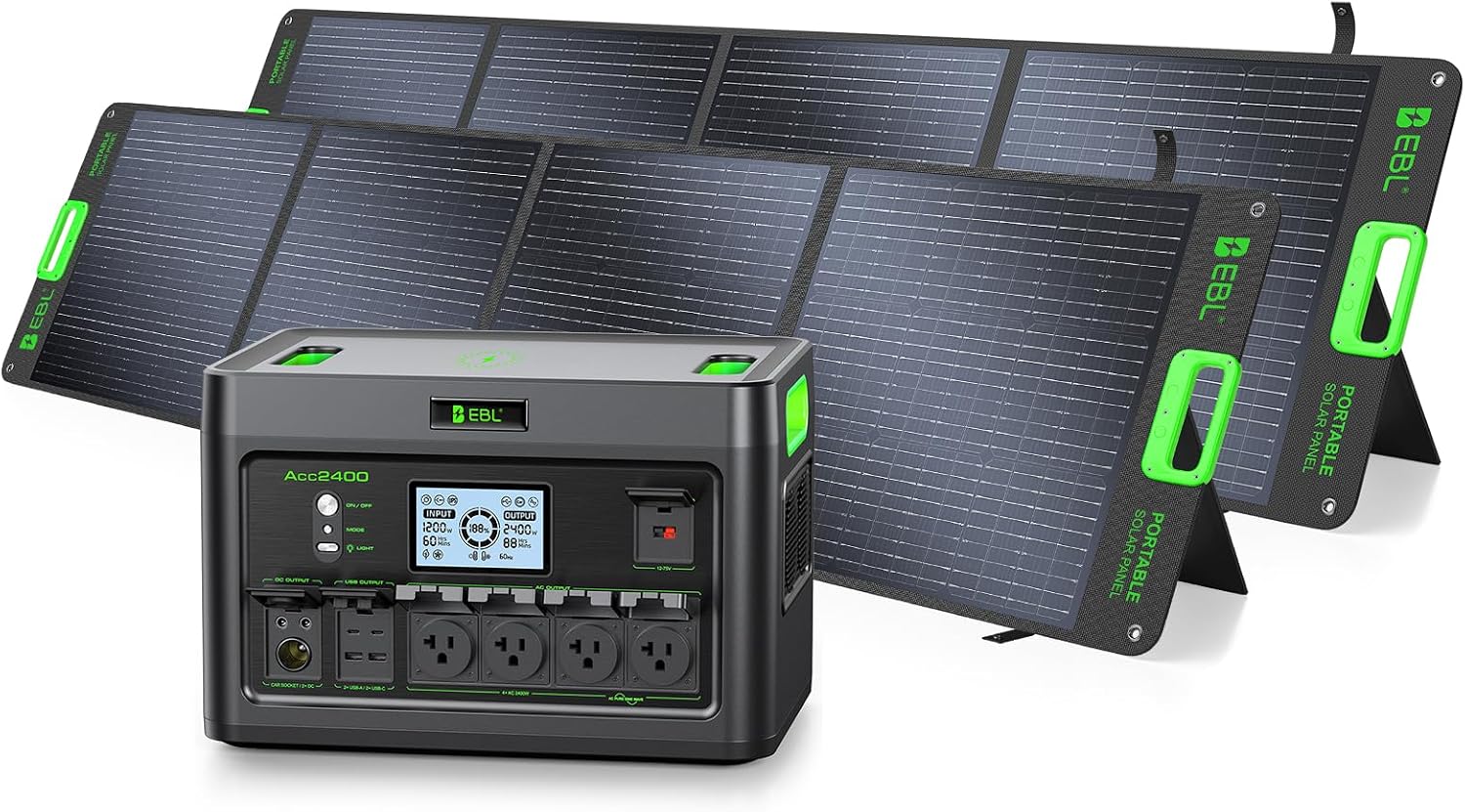 EBL 2400W Portable Power Station with 2x200W Portable Solar Panels | Ship separately, 1843.2Wh LiFePO4 Battery, Fast Charging, Solar Generatorfor for Home Use, Camping,RVs