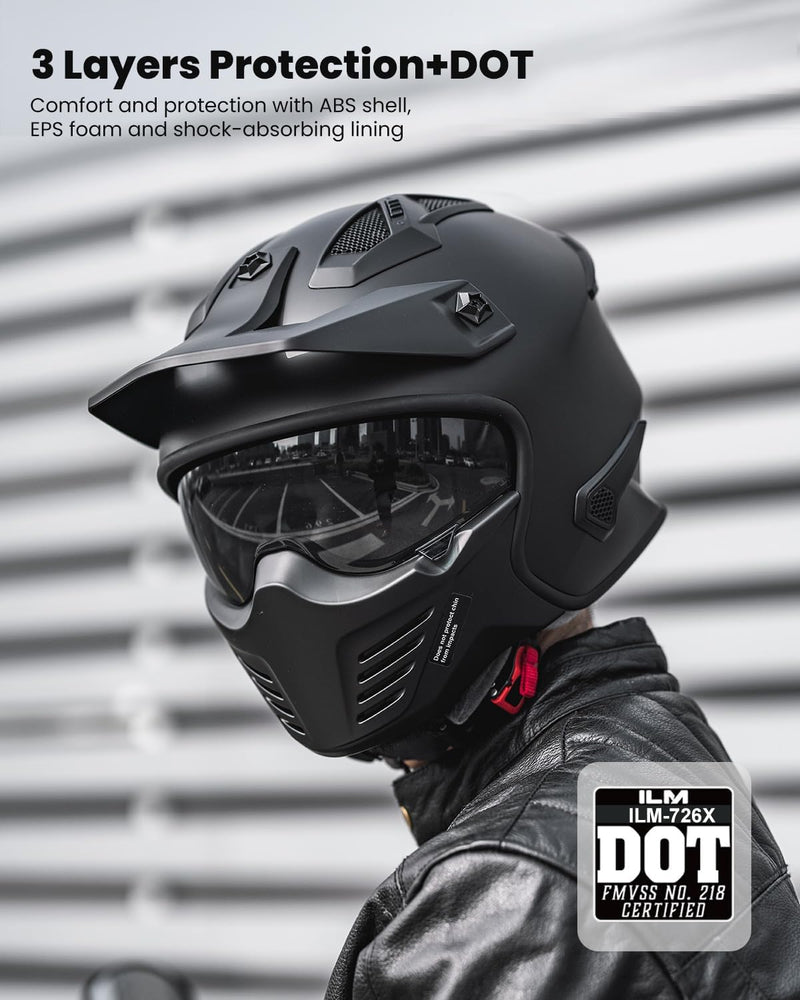 ILM Open Face Motorcycle 3/4 Half Helmet for Dirt Bike Moped ATV UTV Motocross Cruiser Scooter DOT Model 726X (Matte Black,M)