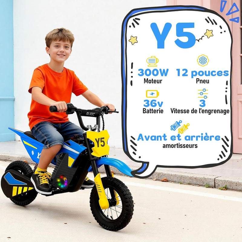 TODIMART Y5 Children's Electric Motorcycle, 300 W Motor, 3 Speed Modes, 36V5.2AH Autonomy 15 KM Pneumatic Tyre, Bluetooth Music, Colourful Lights, Moto Cross for Children from 3 to 12 Years Old