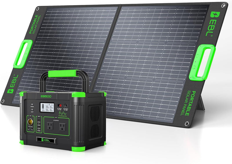 EBL 500W Portable Power Station with 100W Portable Solar Panel 20V Outdoor | Solar Generator 519.48Wh Backup Battery Pack Solar Kit for RV/Van Camping Fishing Climbing Road Trip Indoor Home Emergency