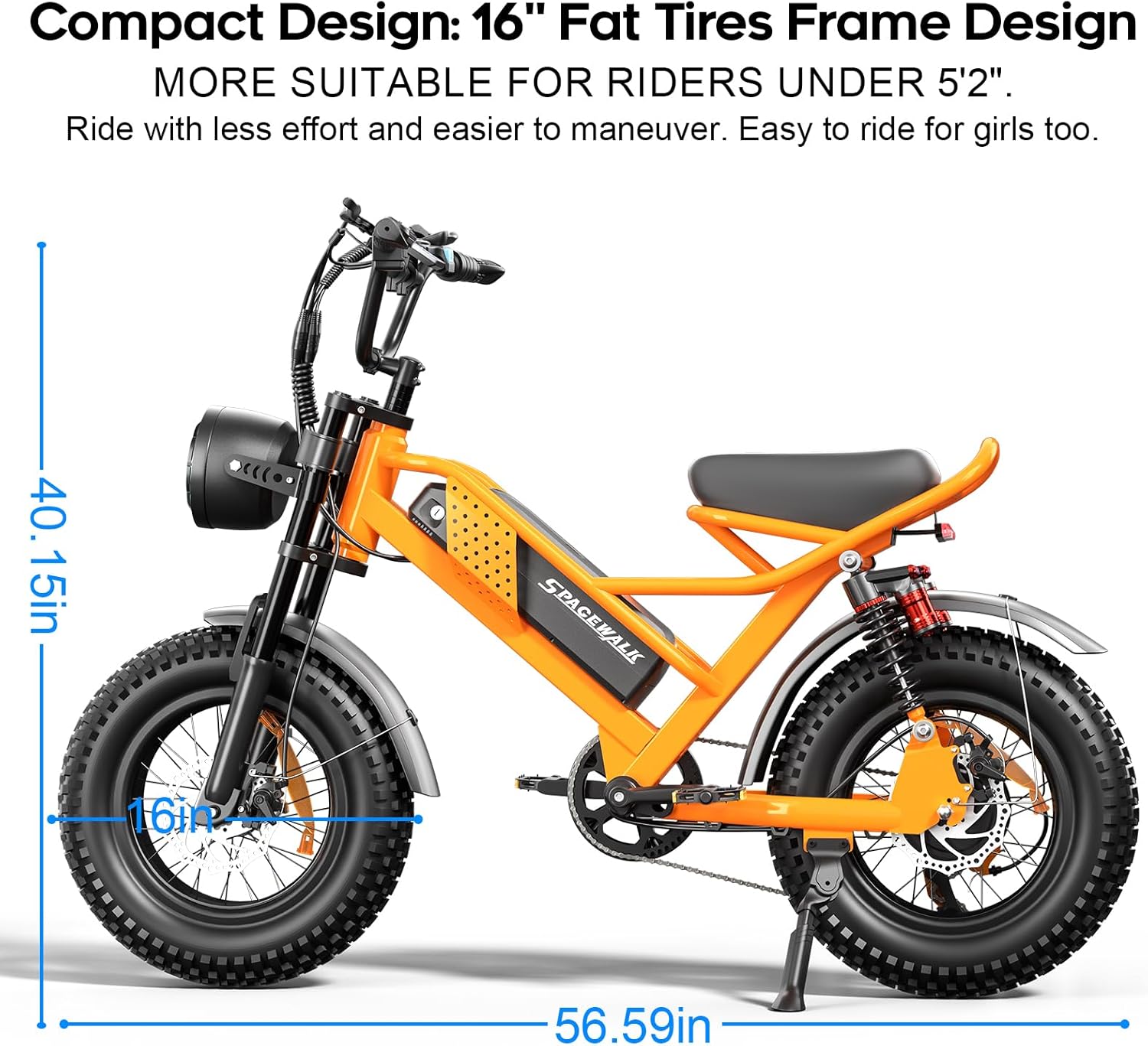 Spacewalk Electric Bike for Teens/Adults,16"x4" Inch Ebike,1800W Peak Motor