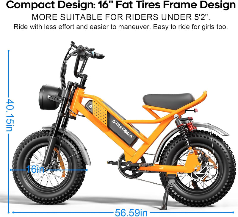 Spacewalk Electric Bike for Teens/Adults,16"x4" Inch Ebike,1800W Peak Motor