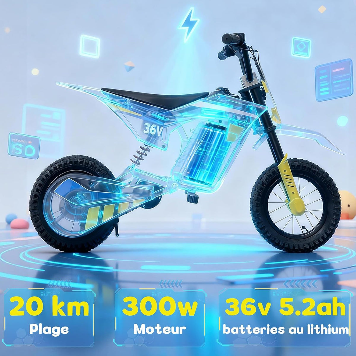 TODIMART Y5 Children's Electric Motorcycle, 300 W Motor, 3 Speed Modes, 36V5.2AH Autonomy 15 KM Pneumatic Tyre, Bluetooth Music, Colourful Lights, Moto Cross for Children from 3 to 12 Years Old