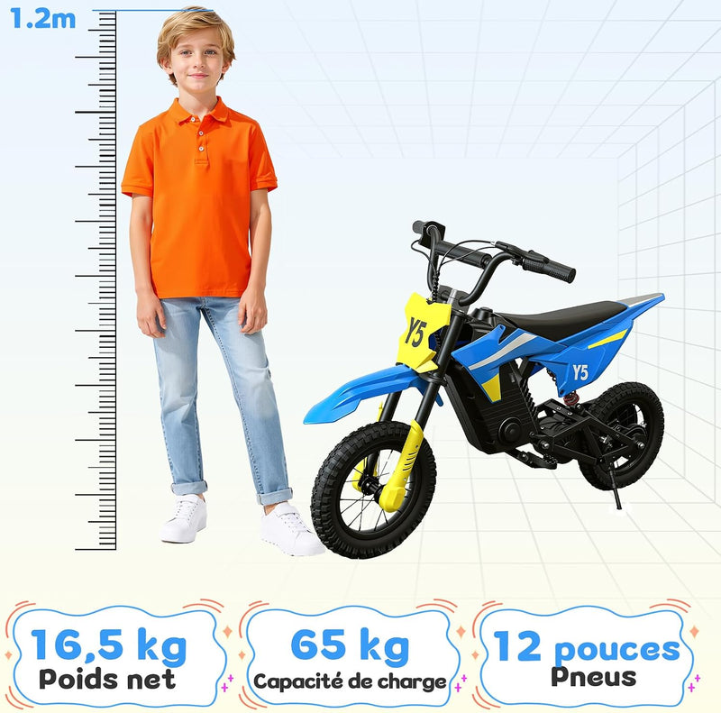 TODIMART Y5 Children's Electric Motorcycle, 300 W Motor, 3 Speed Modes, 36V5.2AH Autonomy 15 KM Pneumatic Tyre, Bluetooth Music, Colourful Lights, Moto Cross for Children from 3 to 12 Years Old