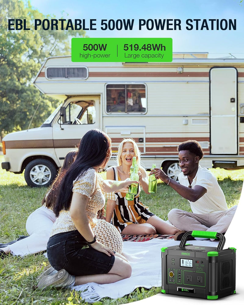 EBL 500W Portable Power Station with 100W Portable Solar Panel 20V Outdoor | Solar Generator 519.48Wh Backup Battery Pack Solar Kit for RV/Van Camping Fishing Climbing Road Trip Indoor Home Emergency