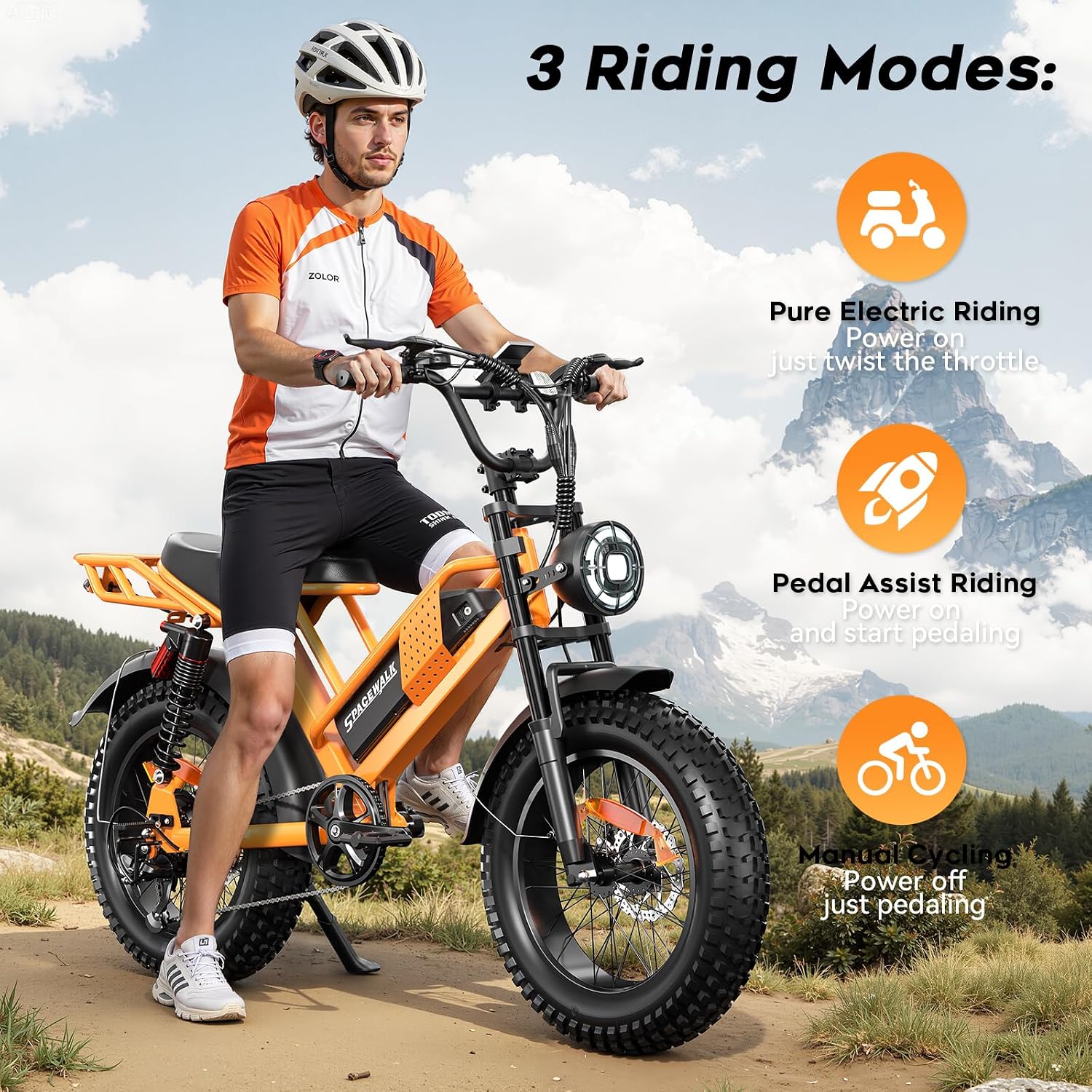 Spacewalk Electric Bike M6 / M7 for Teens/Adults,16" / 20" Ebike,1500W Peak Motor,21.7mph / 27.9mph,48V 15Ah Removable Battery,4X Suspension,50 Miles Pure Electric,70 Miles PAS (20''Orange-Bag)