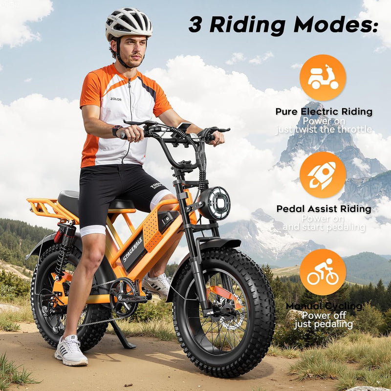 Spacewalk Electric Bike M6 / M7 for Teens/Adults,16" / 20" Ebike,1500W Peak Motor,21.7mph / 27.9mph,48V 15Ah Removable Battery,4X Suspension,50 Miles Pure Electric,70 Miles PAS (20''Orange-Bag)