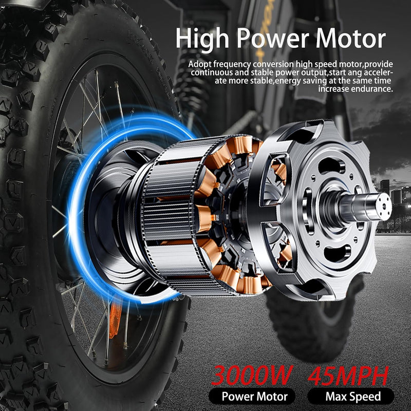 Electric Mountain Bikes for Adults, 750W/3000W Motor 28/45 MPH High Speed E-Bike, 37 Mile Range 48V/60V 15.6Ah/25Ah Battery, 7 Speed Dual Shock Absorber Fat Tire Bicycle