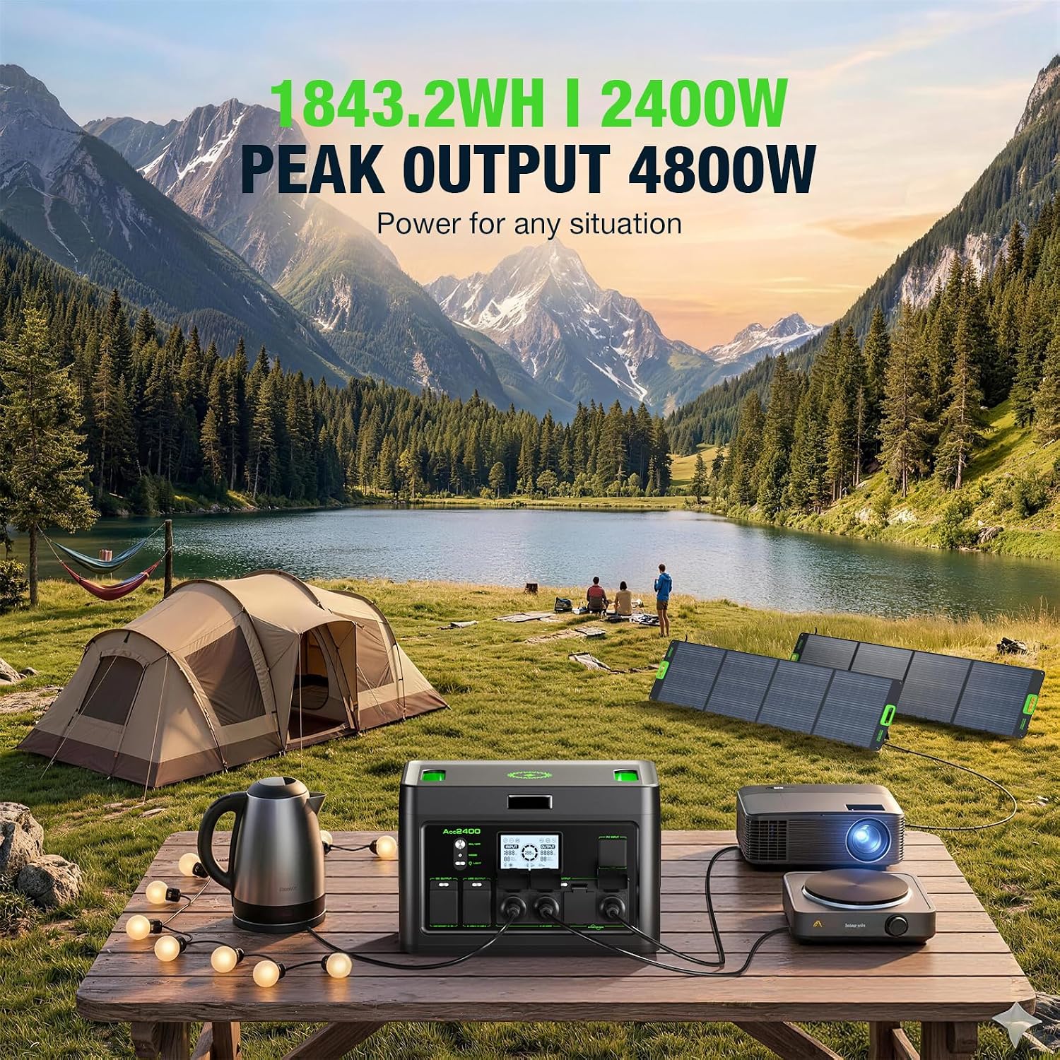 Portable Power Station 2400W Solar Generator with 2x200W Foldable Solar Panel (Ship Separately),1843.2Wh LiFePO4 Battery Backup,23.5% High Efficiency Solar Charger,for Outdoor,RV Trip,Home Emergency