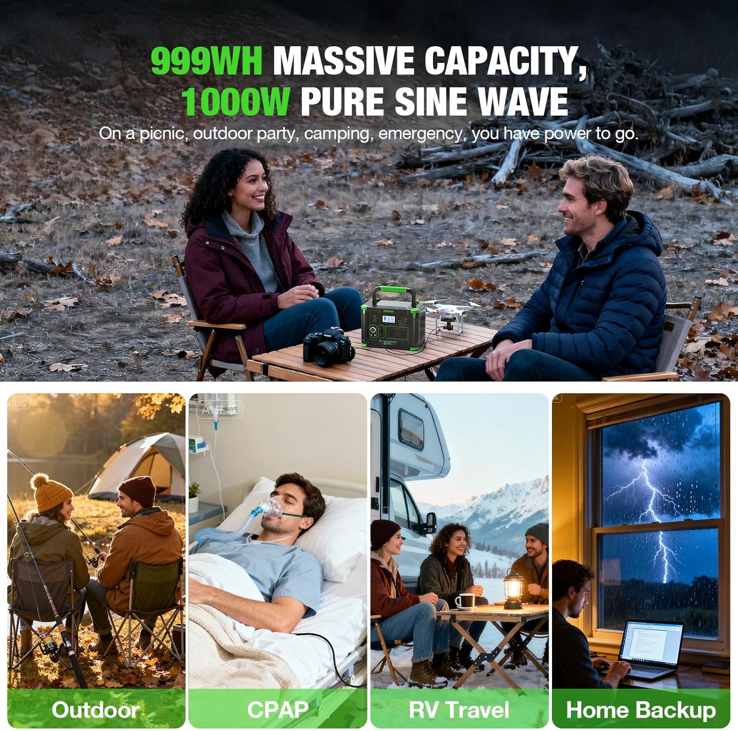 EBL Portable Power Station 1000W Solar Generator 999Wh Fast Charging Backup Battery with 10W Wireless Charging & Multiple Ports for Camping, Home Backup, RV & Off-Grid