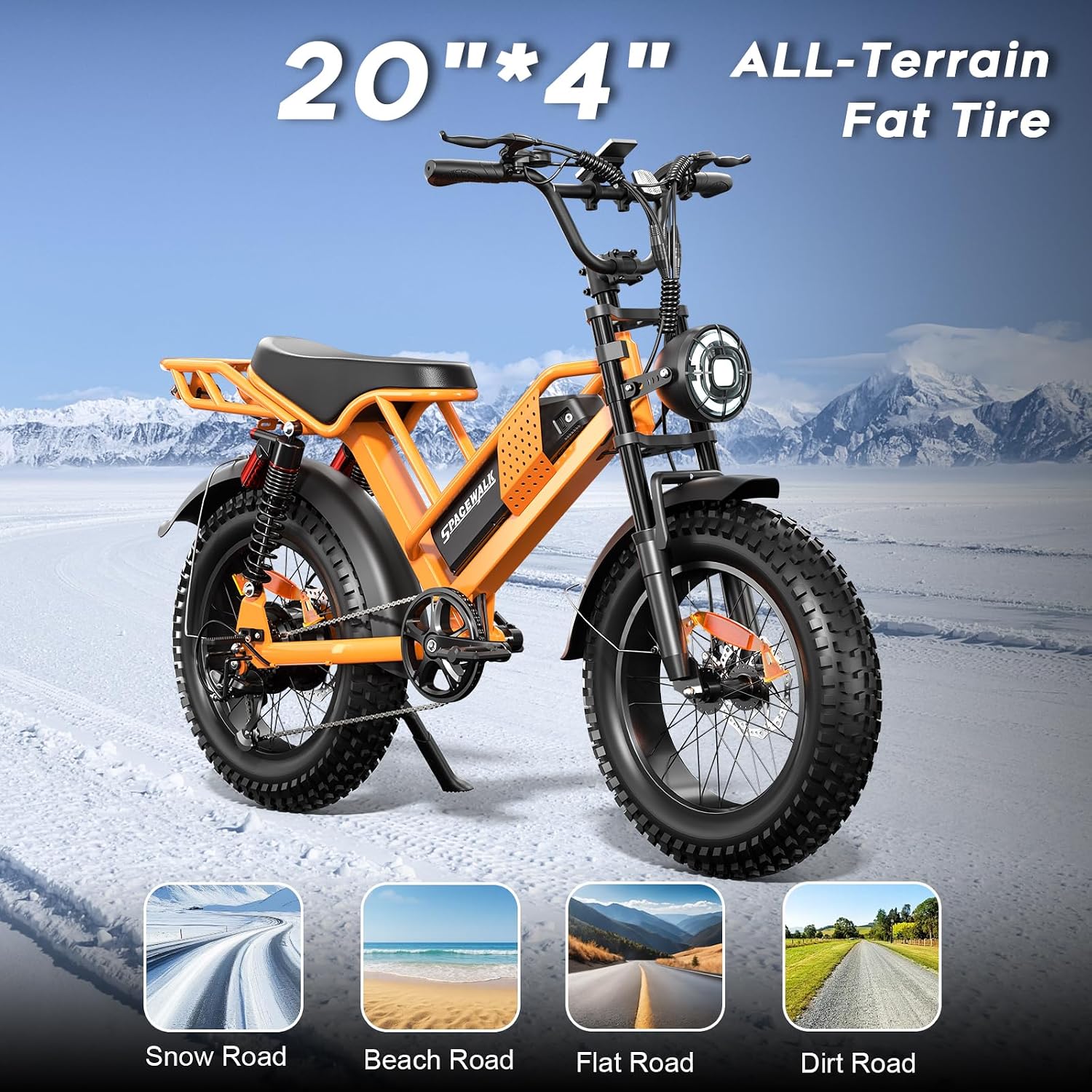 Spacewalk Electric Bike M6 / M7 for Teens/Adults,16" / 20" Ebike,1500W Peak Motor,21.7mph / 27.9mph,48V 15Ah Removable Battery,4X Suspension,50 Miles Pure Electric,70 Miles PAS (20''Orange-Bag)