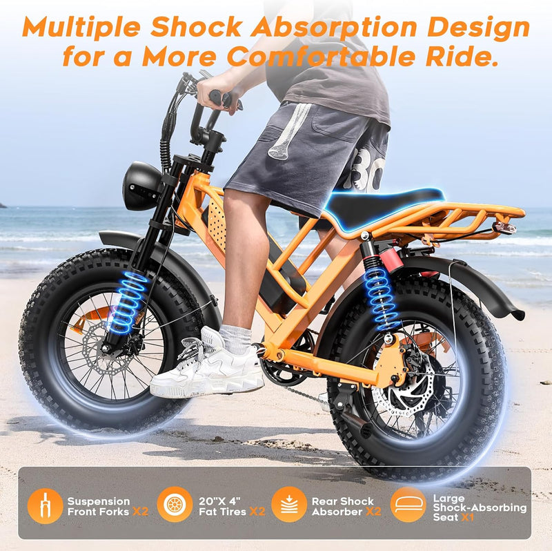 Spacewalk Electric Bike M6 / M7 for Teens/Adults,16" / 20" Ebike,1500W Peak Motor,21.7mph / 27.9mph,48V 15Ah Removable Battery,4X Suspension,50 Miles Pure Electric,70 Miles PAS (20''Orange-Bag)