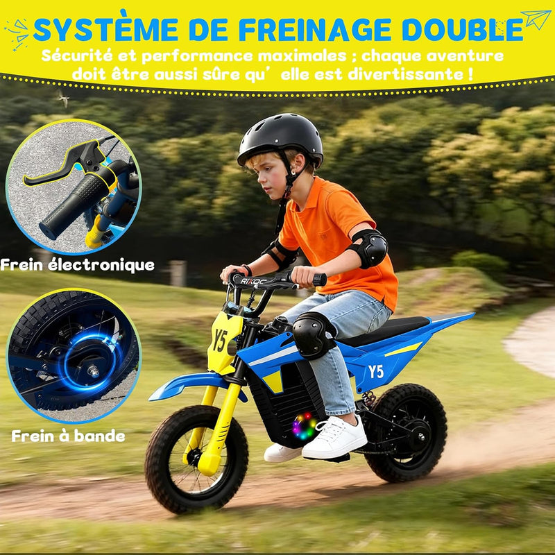 TODIMART Y5 Children's Electric Motorcycle, 300 W Motor, 3 Speed Modes, 36V5.2AH Autonomy 15 KM Pneumatic Tyre, Bluetooth Music, Colourful Lights, Moto Cross for Children from 3 to 12 Years Old