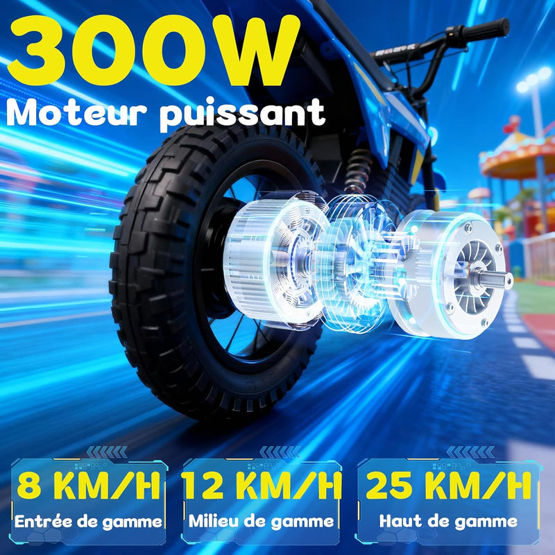 TODIMART Y5 Children's Electric Motorcycle, 300 W Motor, 3 Speed Modes, 36V5.2AH Autonomy 15 KM Pneumatic Tyre, Bluetooth Music, Colourful Lights, Moto Cross for Children from 3 to 12 Years Old