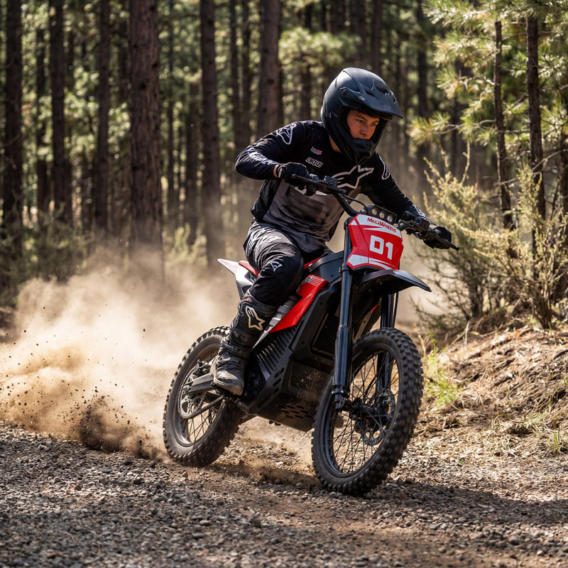 Person riding a dirt bike on a forest trail