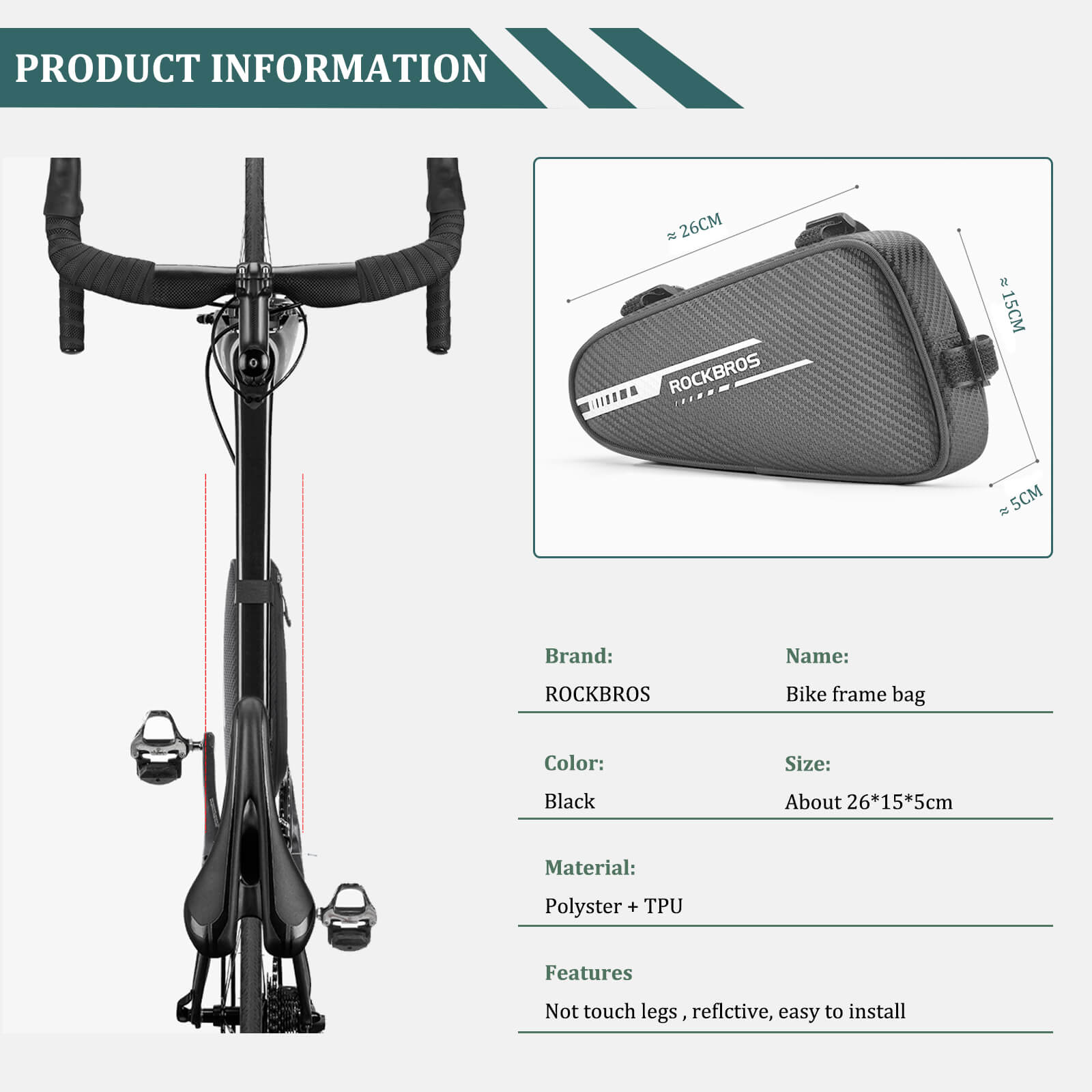 ROCKBROS Top Tube Bike Frame Bag Triangle Storage Pouch-7