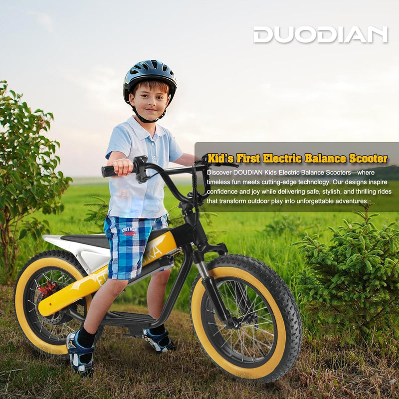 Electric Balance Bike, 750W Motor, 18Miles Long Range & 19Mph, 16" Fat Tire Electric Dirt Bike for Ages 6-11, Front Suspension, Dual Brake Off-Road Electric Motorcycle for Boys Girls (Yellow) - ridemart