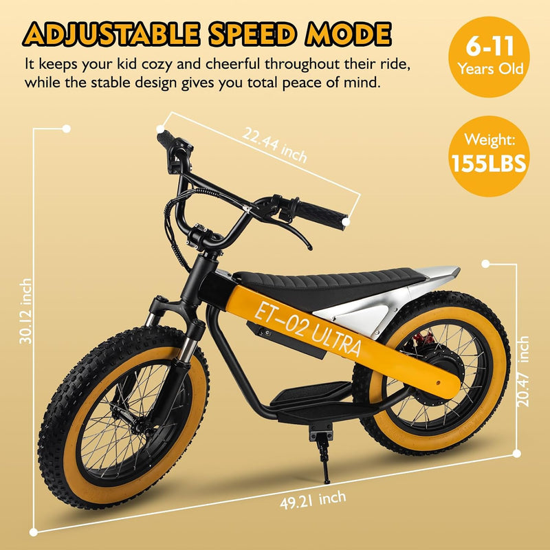 Electric Balance Bike, 750W Motor, 18Miles Long Range & 19Mph, 16" Fat Tire Electric Dirt Bike for Ages 6-11, Front Suspension, Dual Brake Off-Road Electric Motorcycle for Boys Girls (Yellow) - ridemart