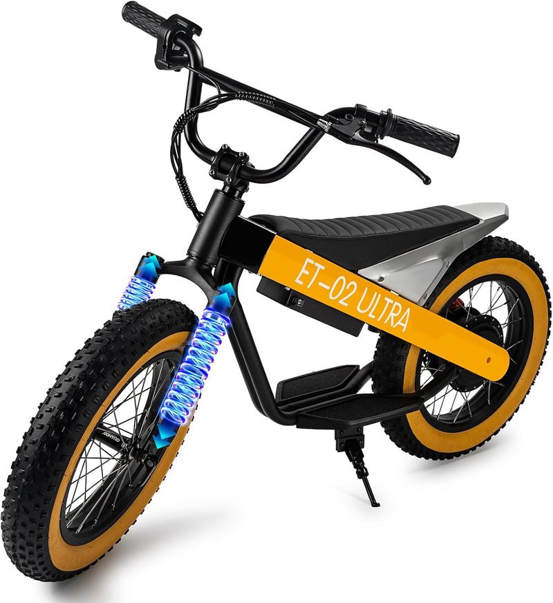 Electric Balance Bike, 750W Motor, 18Miles Long Range & 19Mph, 16" Fat Tire Electric Dirt Bike for Ages 6-11, Front Suspension, Dual Brake Off-Road Electric Motorcycle for Boys Girls (Yellow) - ridemart