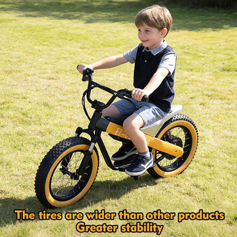 Electric Balance Bike, 750W Motor, 18Miles Long Range & 19Mph, 16" Fat Tire Electric Dirt Bike for Ages 6-11, Front Suspension, Dual Brake Off-Road Electric Motorcycle for Boys Girls (Yellow) - ridemart