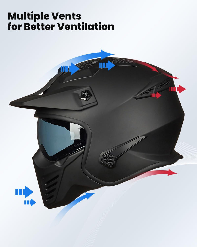 ILM Open Face Motorcycle 3/4 Half Helmet for Dirt Bike Moped ATV UTV Motocross Cruiser Scooter DOT Model 726X (Matte Black,M) - ridemart