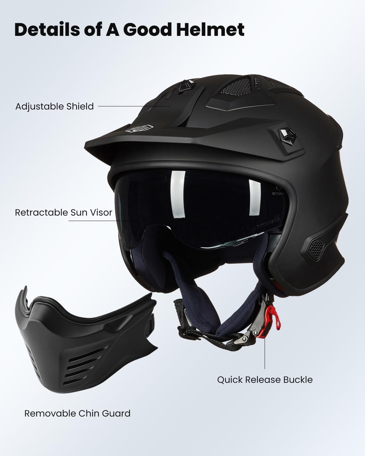 ILM Open Face Motorcycle 3/4 Half Helmet for Dirt Bike Moped ATV UTV Motocross Cruiser Scooter DOT Model 726X (Matte Black,M) - ridemart