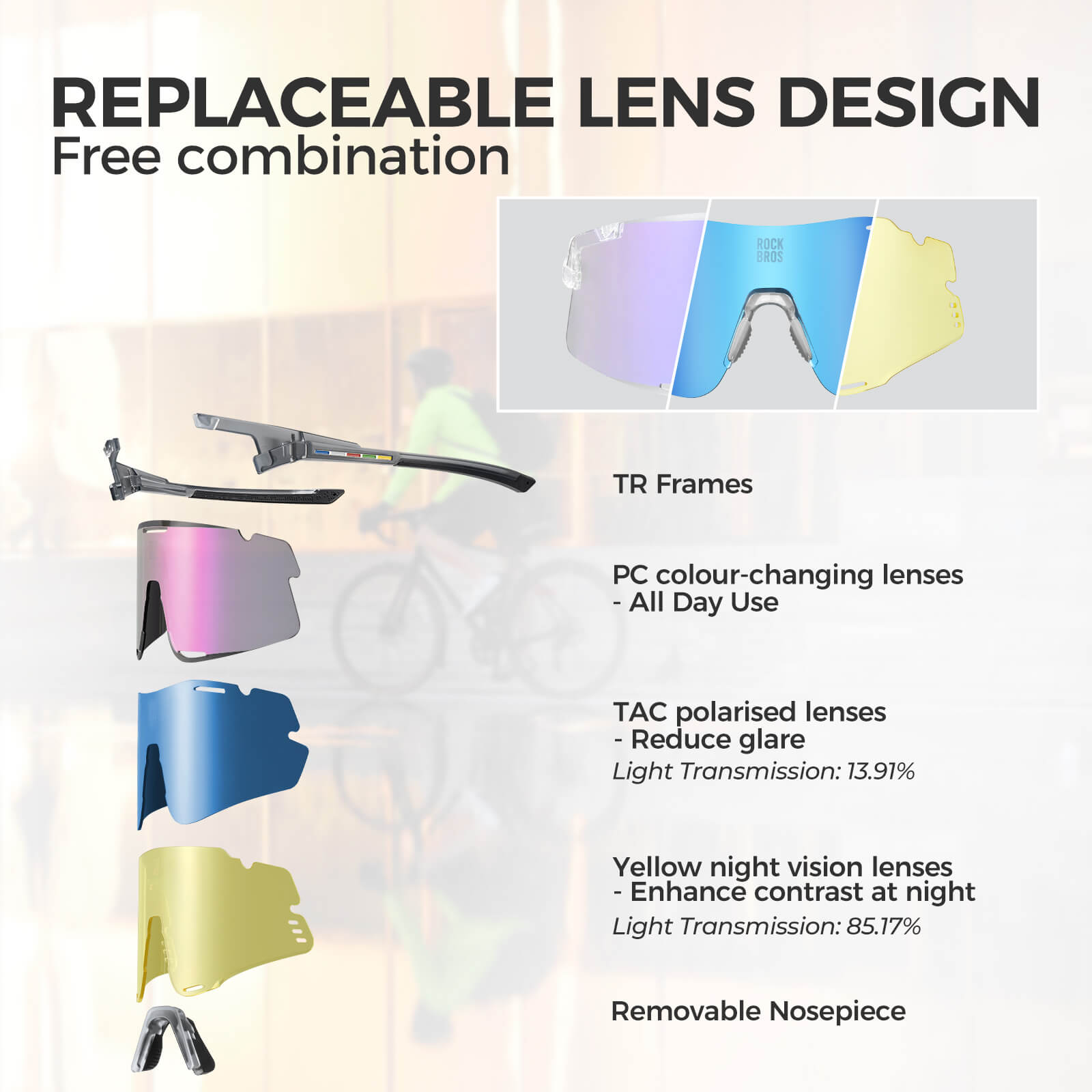 ROAD TO SKY BOUNDLESS Photochromic Cycling Glasses 3 Lens Set-11